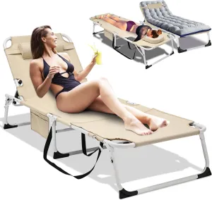 H&ZT Adjustable Sun Tanning Lounge Chair with Removable Cotton Pad, Outdoor Reclining Patio Bed for Poolside, Lawn, Beach, Heavy Duty Folding Sunbathing Lounger Cot