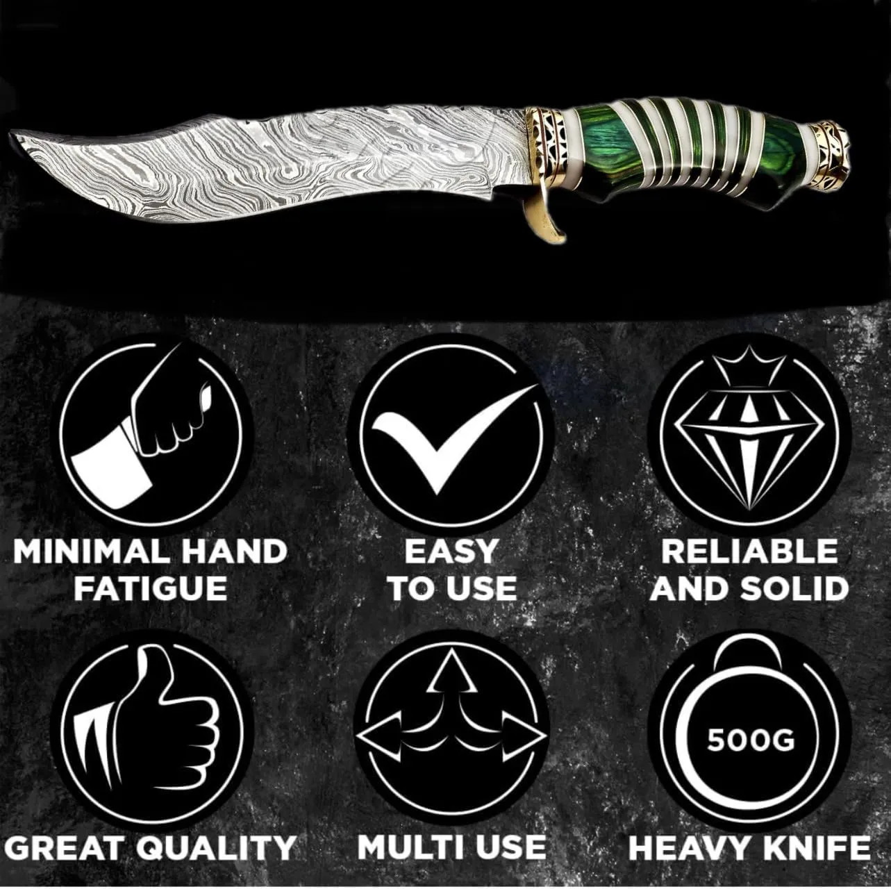 Hand Made Damascus Steel Collectible Bowie Knife & Handle Camel Bone with Pakka Wood (Green)