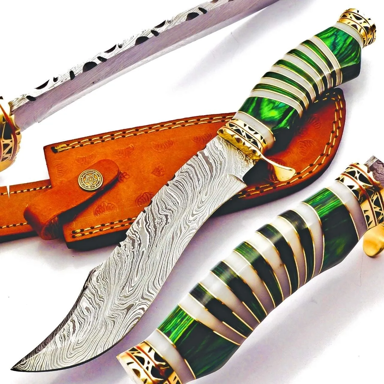 Hand Made Damascus Steel Collectible Bowie Knife & Handle Camel Bone with Pakka Wood (Green)
