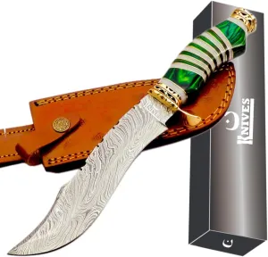 Hand Made Damascus Steel Collectible Bowie Knife & Handle Camel Bone with Pakka Wood (Green)