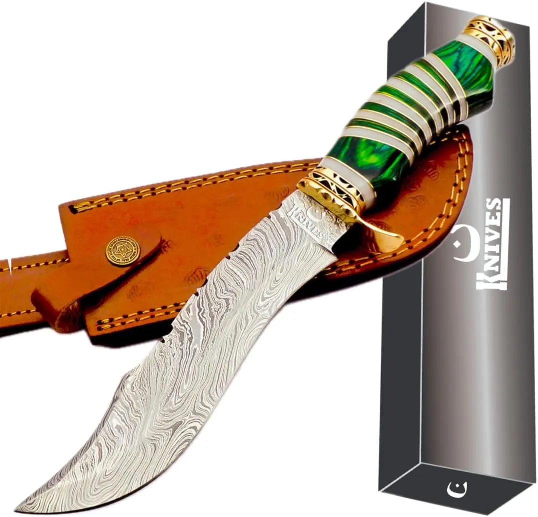 Hand Made Damascus Steel Collectible Bowie Knife & Handle Camel Bone with Pakka Wood (Green)