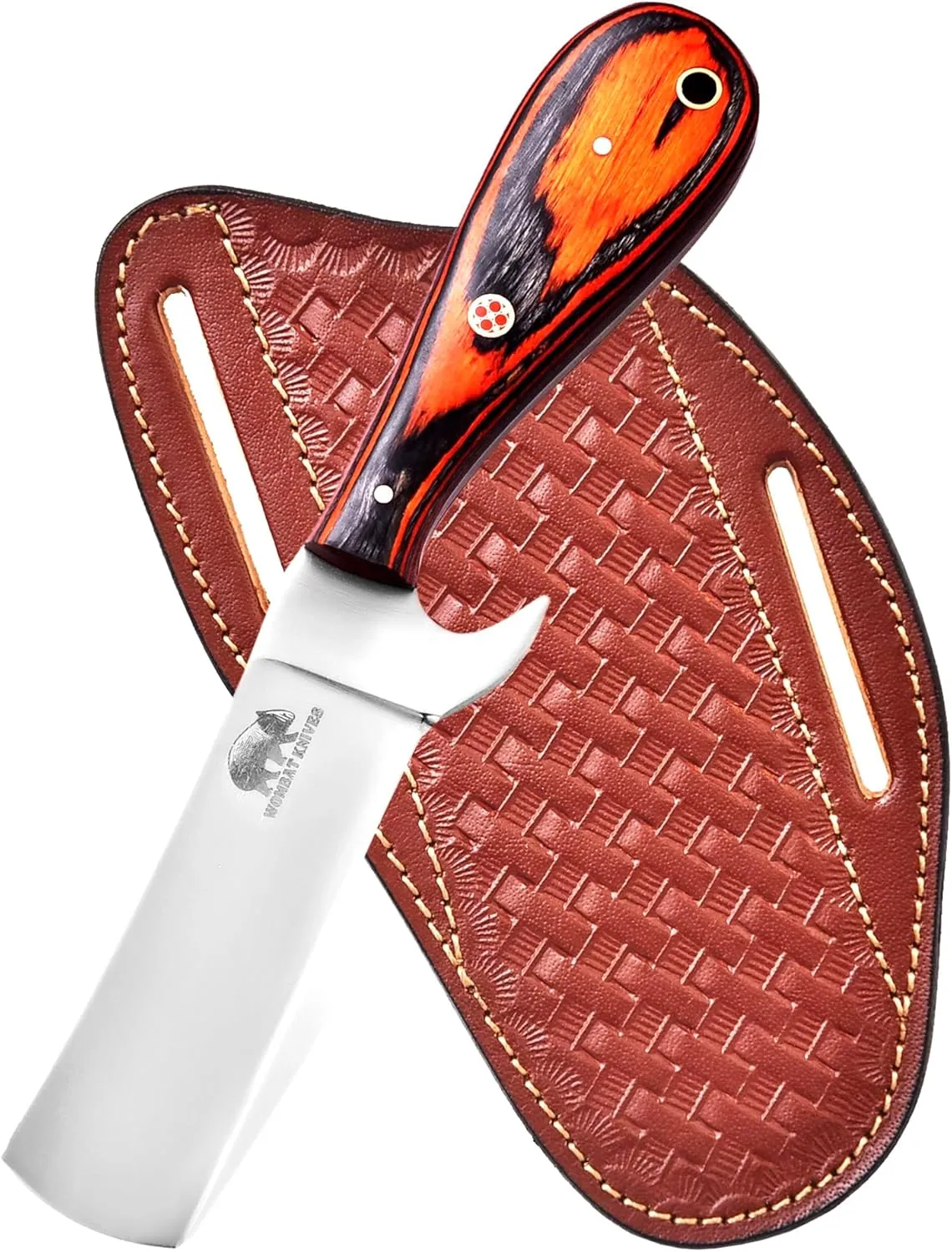 Handmade 1095 High Carbon Steel Bull Cutter - Cowboy Knife with Leather Sheath, Fixed Blade, EDC Skinning, Camping, Outdoor Utility (Orange Exotic Wood)