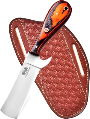 Handmade 1095 High Carbon Steel Bull Cutter - Cowboy Knife with Leather Sheath, Fixed Blade, EDC Skinning, Camping, Outdoor Utility (Orange Exotic Wood)