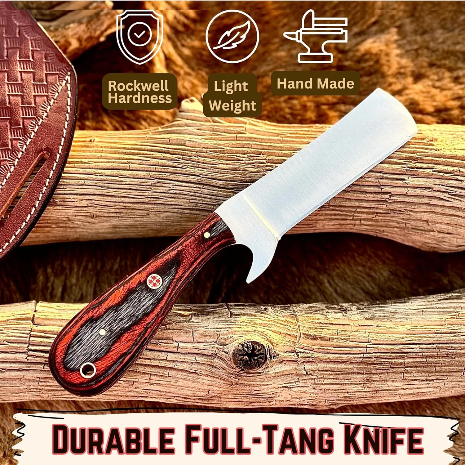 Handmade 1095 High Carbon Steel Bull Cutter - Cowboy Knife with Leather Sheath, Fixed Blade, EDC Skinning, Camping, Outdoor Utility (Orange Exotic Wood)
