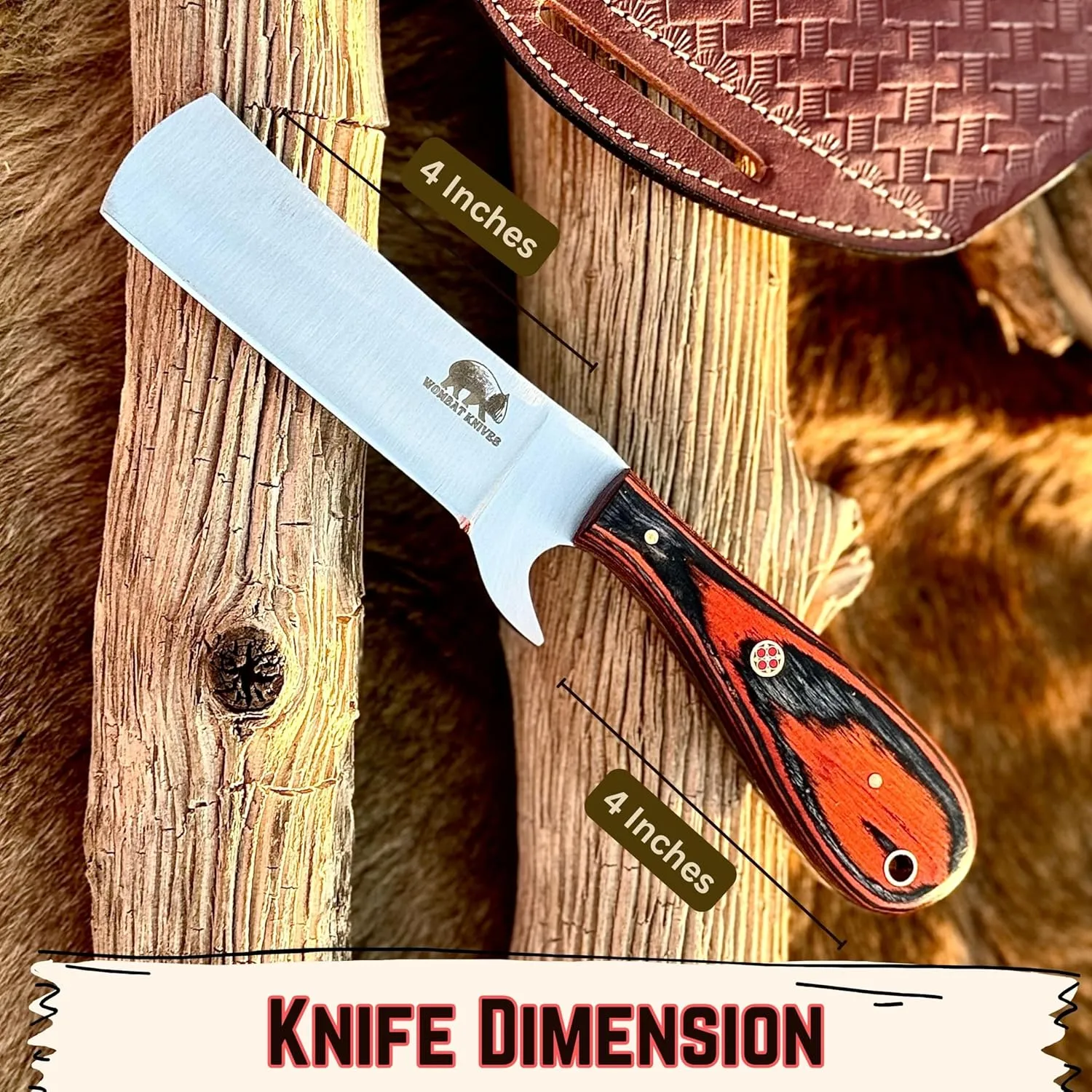 Handmade 1095 High Carbon Steel Bull Cutter - Cowboy Knife with Leather Sheath, Fixed Blade, EDC Skinning, Camping, Outdoor Utility (Orange Exotic Wood)