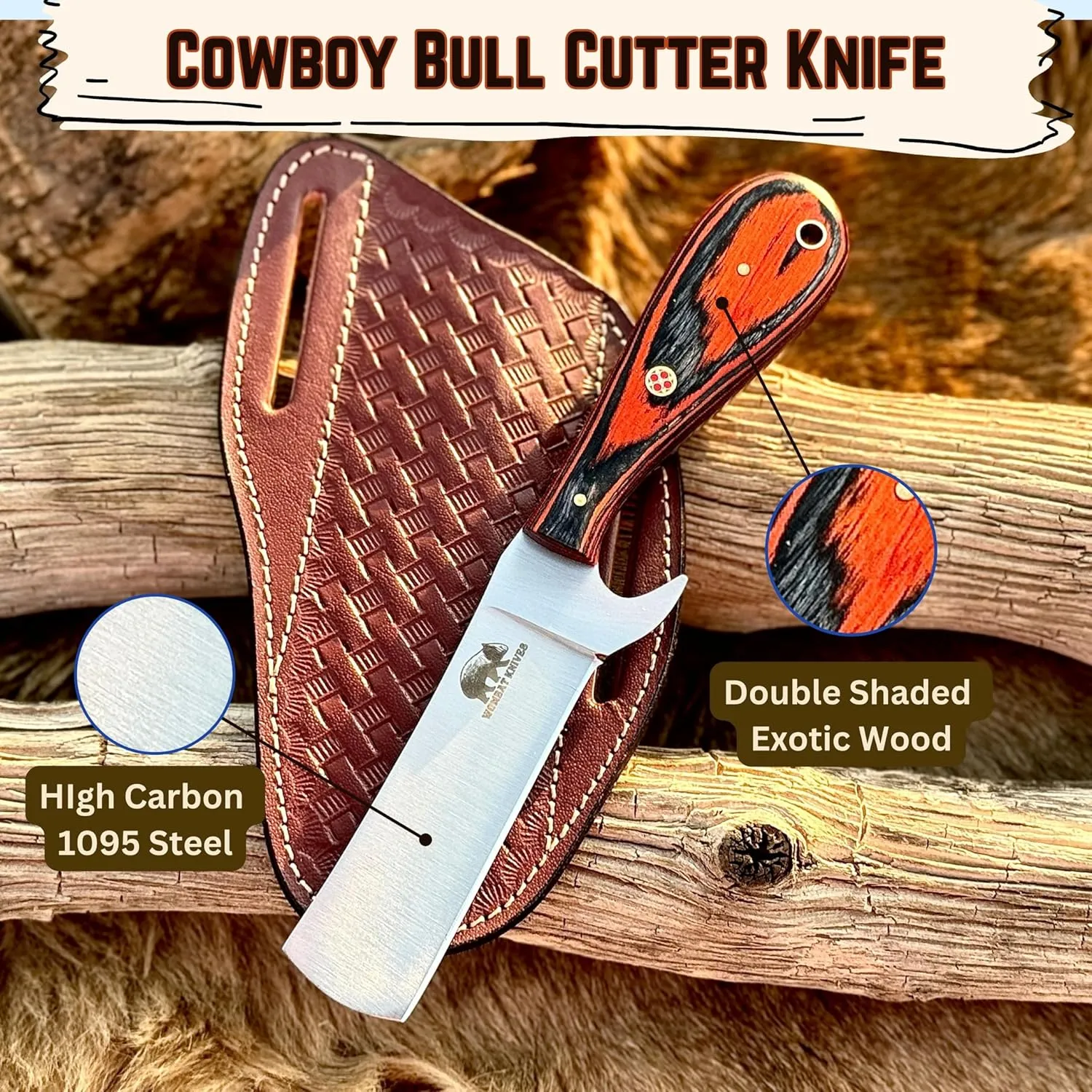 Handmade 1095 High Carbon Steel Bull Cutter - Cowboy Knife with Leather Sheath, Fixed Blade, EDC Skinning, Camping, Outdoor Utility (Orange Exotic Wood)