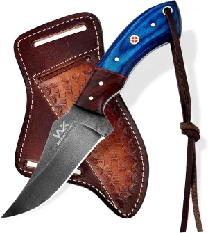 Handmade Cowboy Knife for Men & Women with Leather Sheath, Fixed Blade EDC Hunting Knife for Outdoor Skinning Full Tang blade (Blue Wood)
