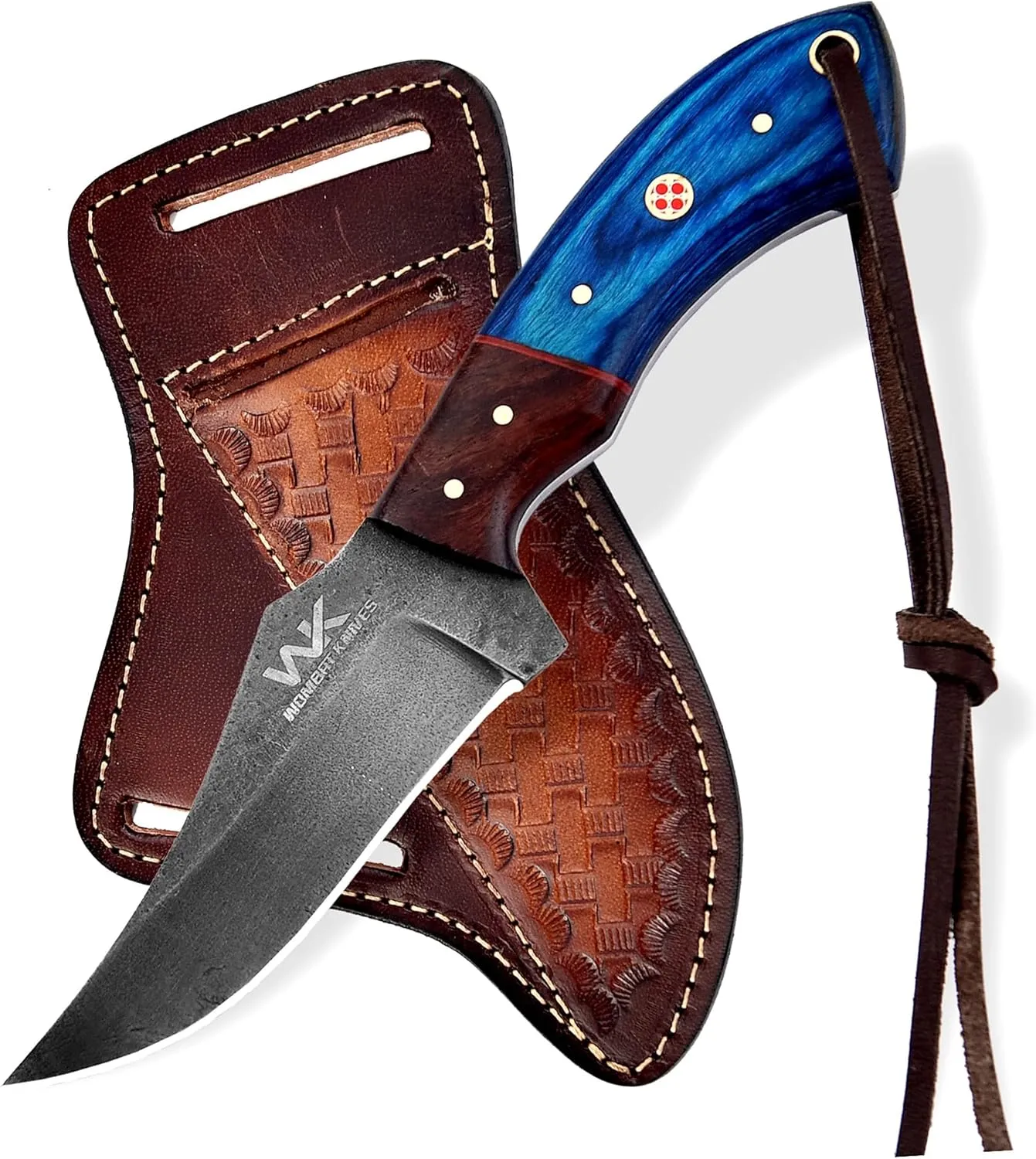 Handmade Cowboy Knife for Men & Women with Leather Sheath, Fixed Blade EDC Hunting Knife for Outdoor Skinning Full Tang blade (Blue Wood)