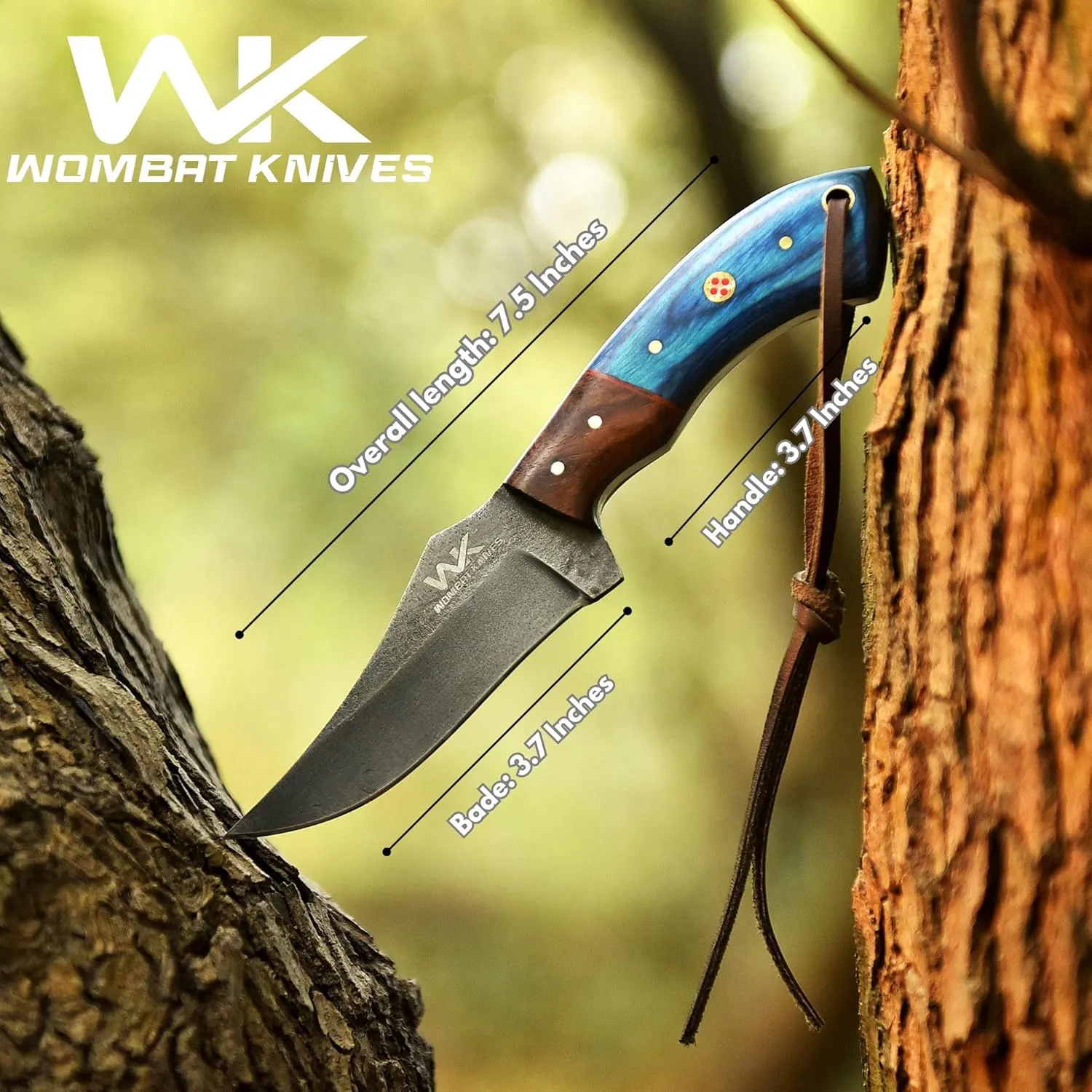 Handmade Cowboy Knife for Men & Women with Leather Sheath, Fixed Blade EDC Hunting Knife for Outdoor Skinning Full Tang blade (Blue Wood)