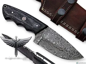 Handmade Damascus Knife with Exotic Wood Handle and Genuine Leather Sheath, 7.75” Length with Full Tang Fixed Blade for Hunting, Skinning, and Camping, Heavy Duty Steel (Black Wood)