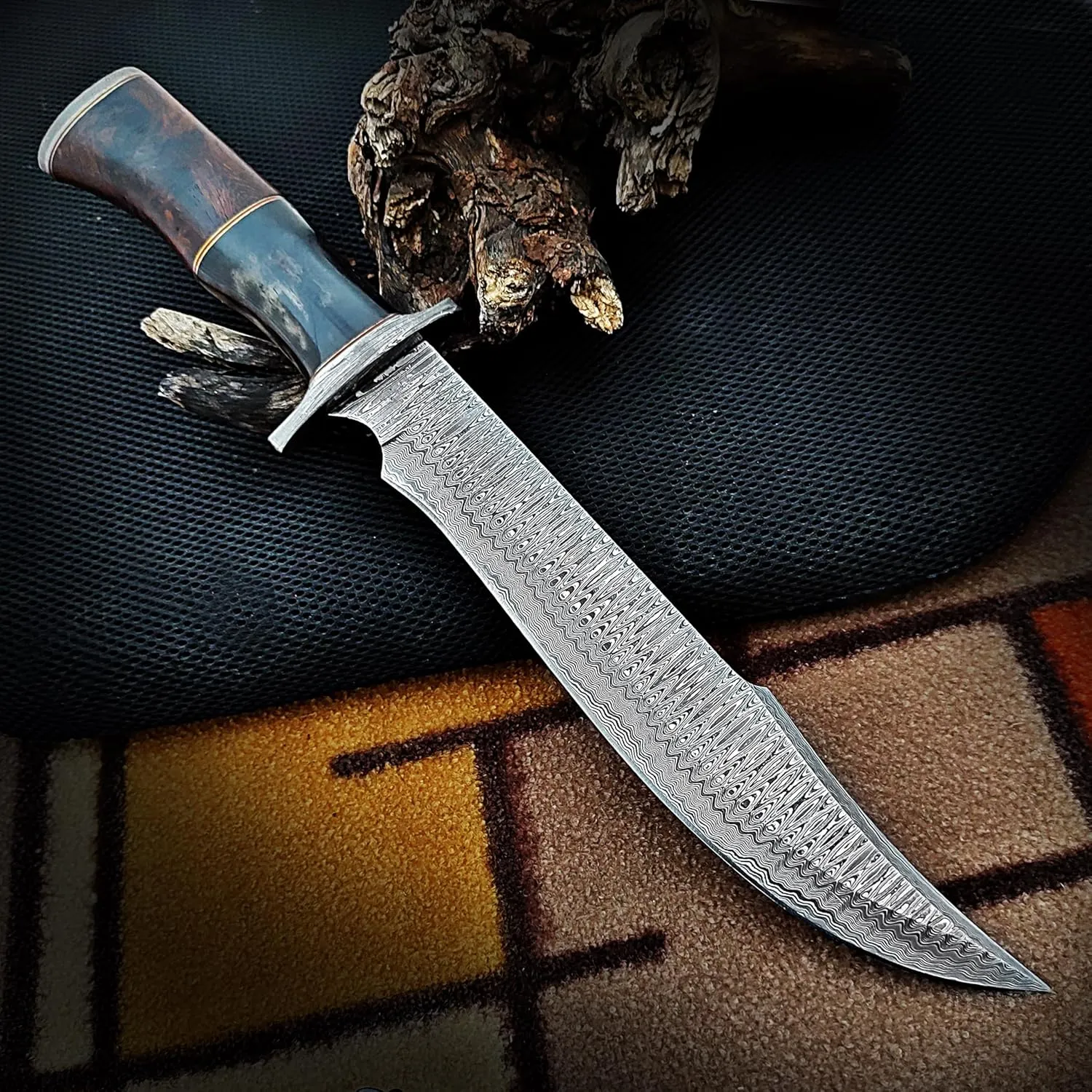 Handmade Damascus Steel 15 Inches Bowie Knife Full Tang Multipurpose Knife with Solid Marindi Wood and Bull Horn Bone Handle for Hunting Camping Outdoor Use