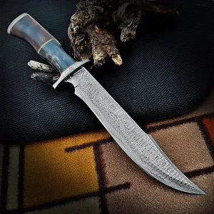 Handmade Damascus Steel 15 Inches Bowie Knife Full Tang Multipurpose Knife with Solid Marindi Wood and Bull Horn Bone Handle for Hunting Camping Outdoor Use