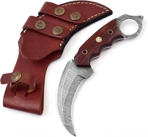 Handmade Hunting Damascus steel Hunting Knife with Genuine Leather Sheath | 7.5'’ EDC Knife for Men | Fixed Blade Outdoor Knife with Rose Wood Handle | Full Tang Razor Sharp Blade