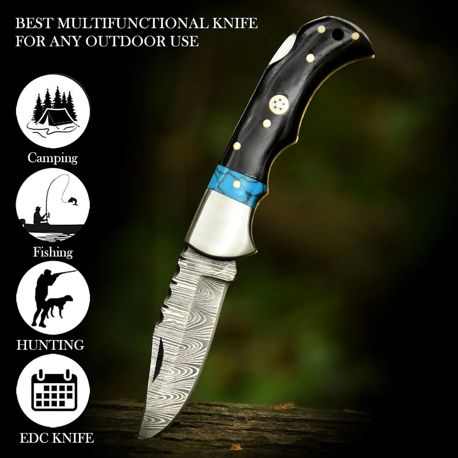Handmade Pocket Knife for Men - 7" Inches Damascus Steel Folding Knife with Leather Sheath - Ideal for EDC, Camping, Hiking and Outdoor Activities (Turquoise & Bull Horn)