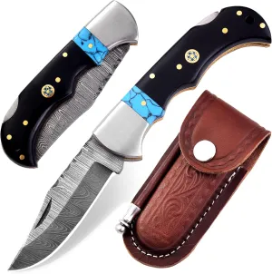Handmade Pocket Knife for Men - 7" Inches Damascus Steel Folding Knife with Leather Sheath - Ideal for EDC, Camping, Hiking and Outdoor Activities (Turquoise & Bull Horn)