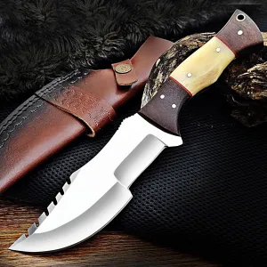 Handmade Tracker Knife for Outdoor Knife Survival Knife Camping Knife - D2 Steel Tracker Knife Fixed Blade Hunting Knife Horizontal Carry Knife with Sheath Bone and Wood Handle,