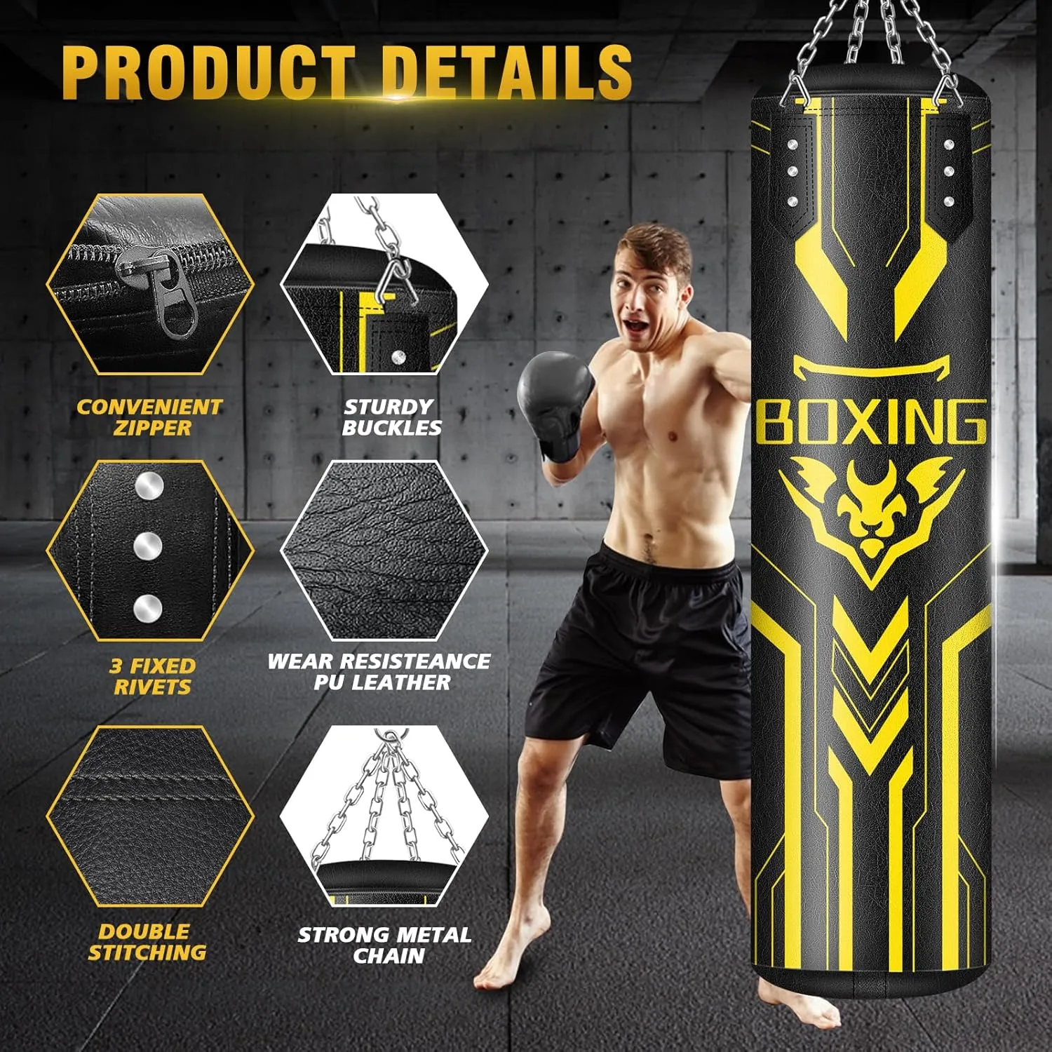 Hanging Punching Bag for Adults, 4ft PU Leather Heavy Boxing Bag Set, Hanging Bag Boxing Equipment for MMA Karate Kickboxing Boxing Home Gym