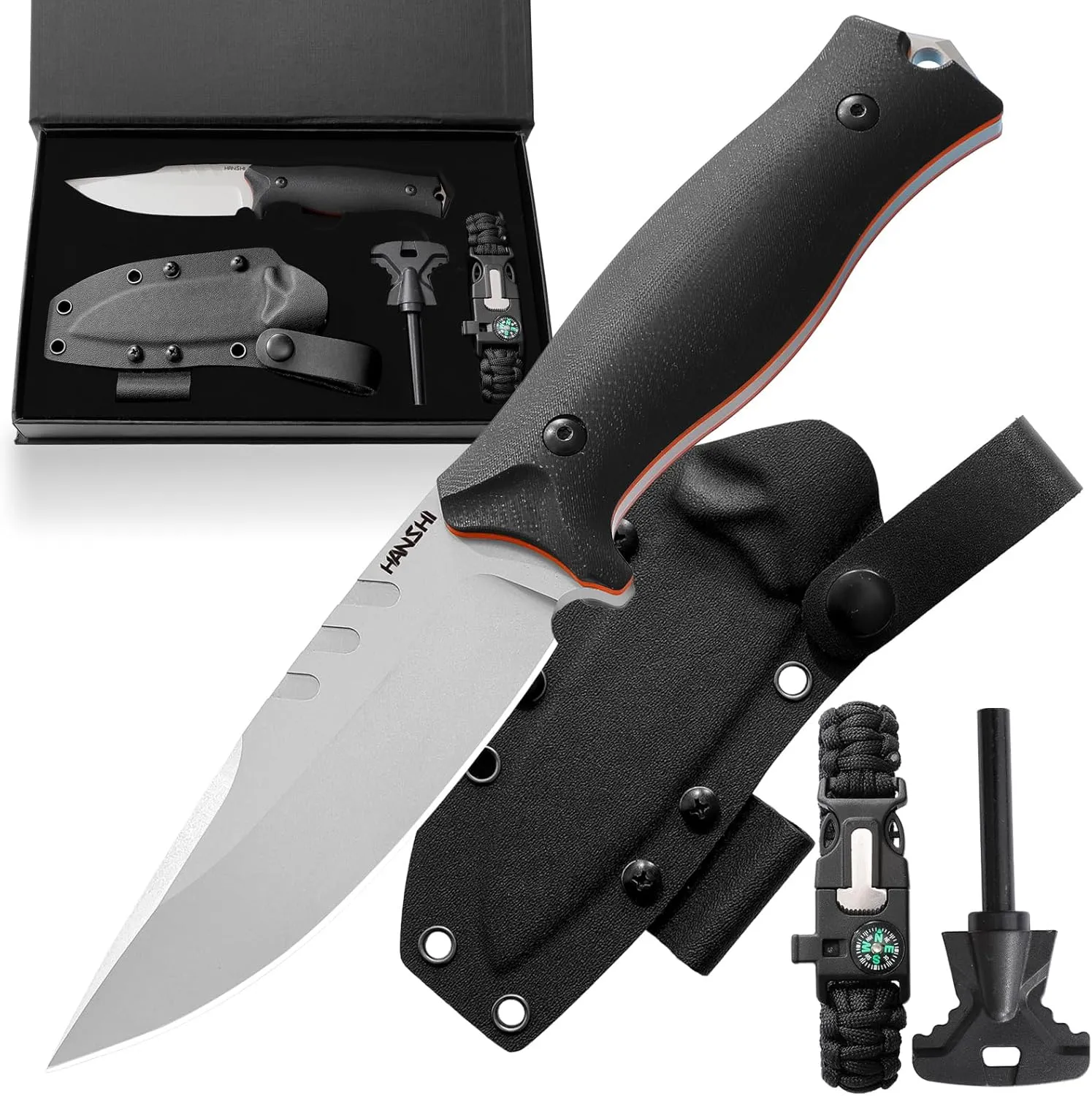 HANSHI D2 Steel G10 Handle Fixed Blade EDC Knife with Kydex Sheath,Fire Starter,Compass,Full Tang Survival Bushcraft knife for Camping,Hunting,Hiking