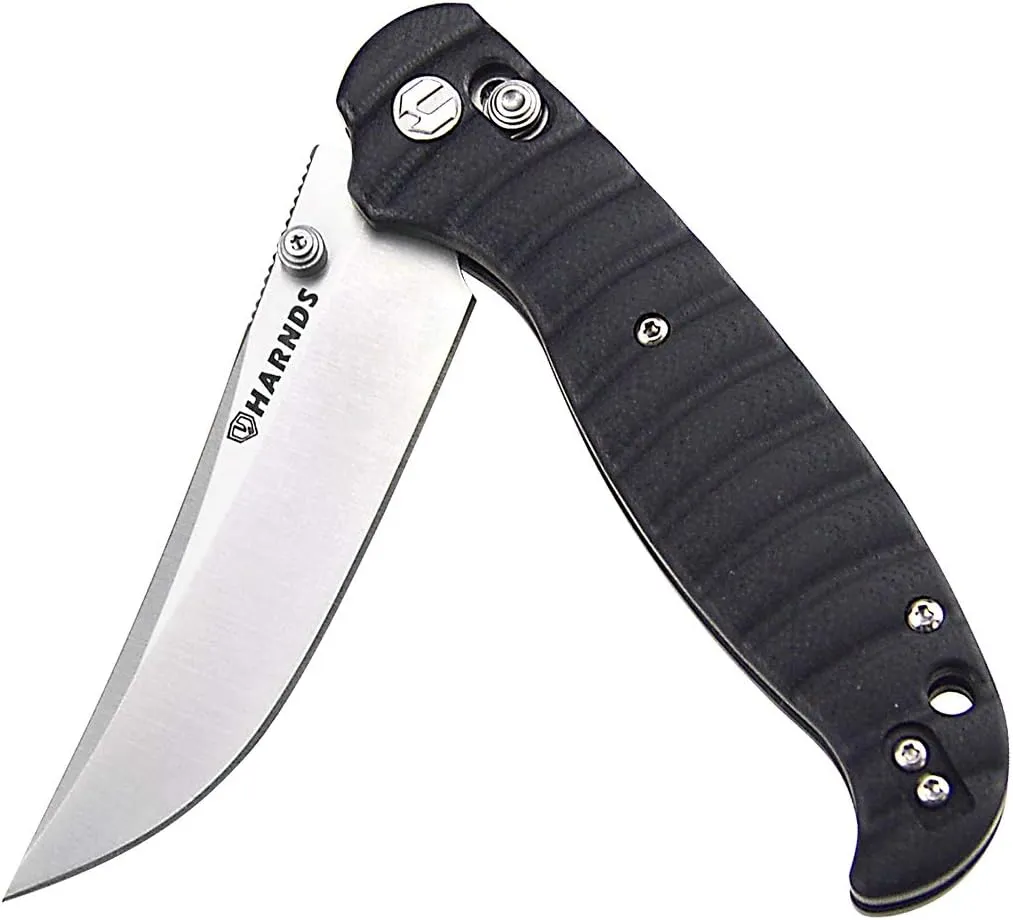 Harnds Giant Silkworm Tactical Folding Knife with SandvikSteel BladeG10 Handle Camping Pocket Knife with Reversible Pocket Clip (black)