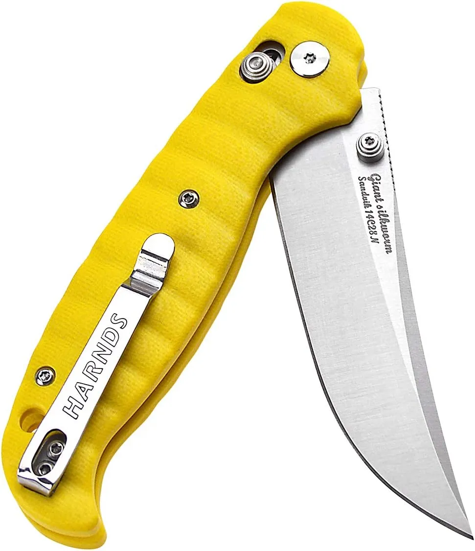 Harnds Giant Silkworm Tactical Folding Knife with SandvikSteel BladeG10 Handle Camping Pocket Knife with Reversible Pocket Clip (yellow)