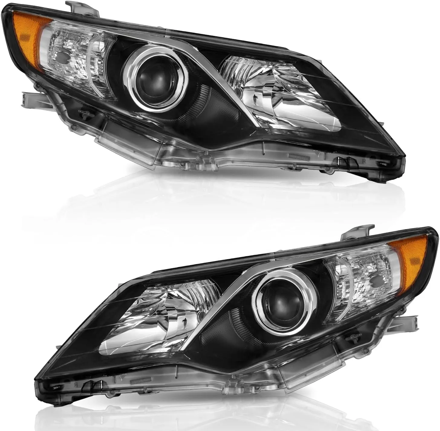 Headlights Compatible with 2012-2014 Toyota Camry L/Se/Le/Xle/Hybrid, Headlamp Replacement for 12 2013 14 Camry Black Housing Amber Reflector Pair Set Driver&Passenger Side