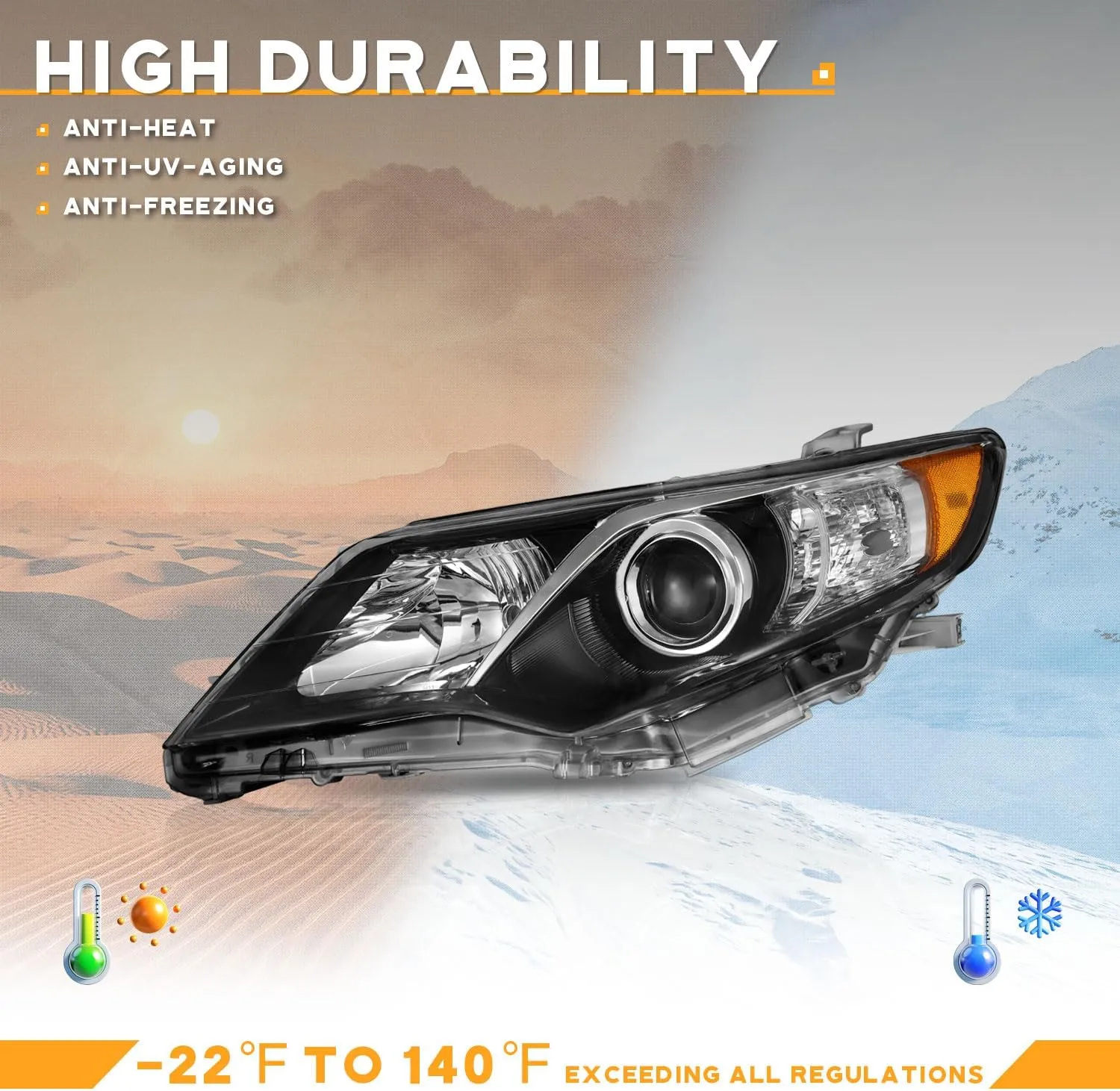 Headlights Compatible with 2012-2014 Toyota Camry L/Se/Le/Xle/Hybrid, Headlamp Replacement for 12 2013 14 Camry Black Housing Amber Reflector Pair Set Driver&Passenger Side