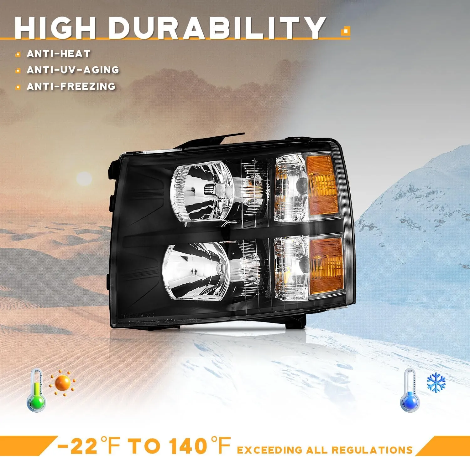 Headlights Pair Assembly for 2007 2008 2009 2010 2011 2012 2013 Chevy Silverado 1500,Compatible with 07-14 Chevrolet Silverado 2500HD 3500 Headlamp Replacement Black Housing Amber Reflector