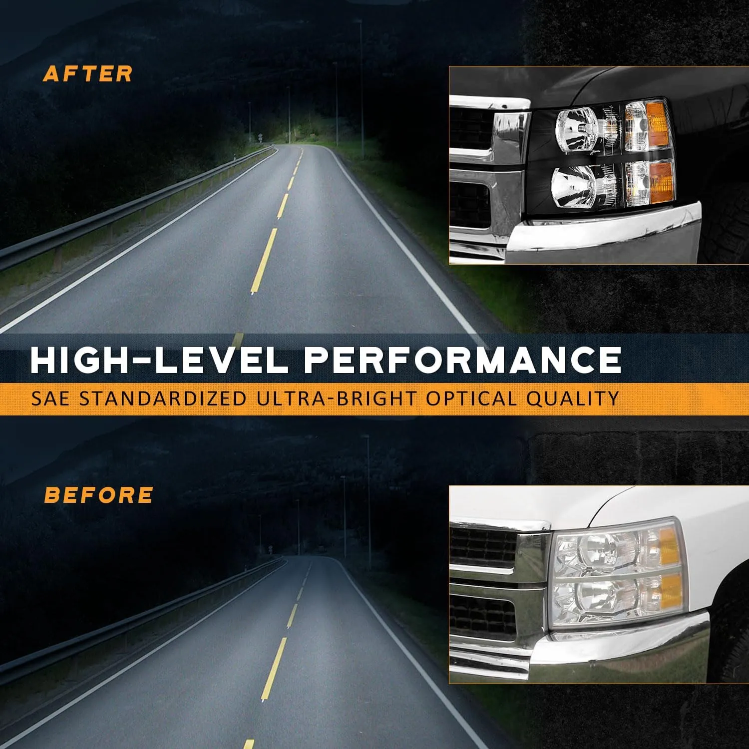 Headlights Pair Assembly for 2007 2008 2009 2010 2011 2012 2013 Chevy Silverado 1500,Compatible with 07-14 Chevrolet Silverado 2500HD 3500 Headlamp Replacement Black Housing Amber Reflector