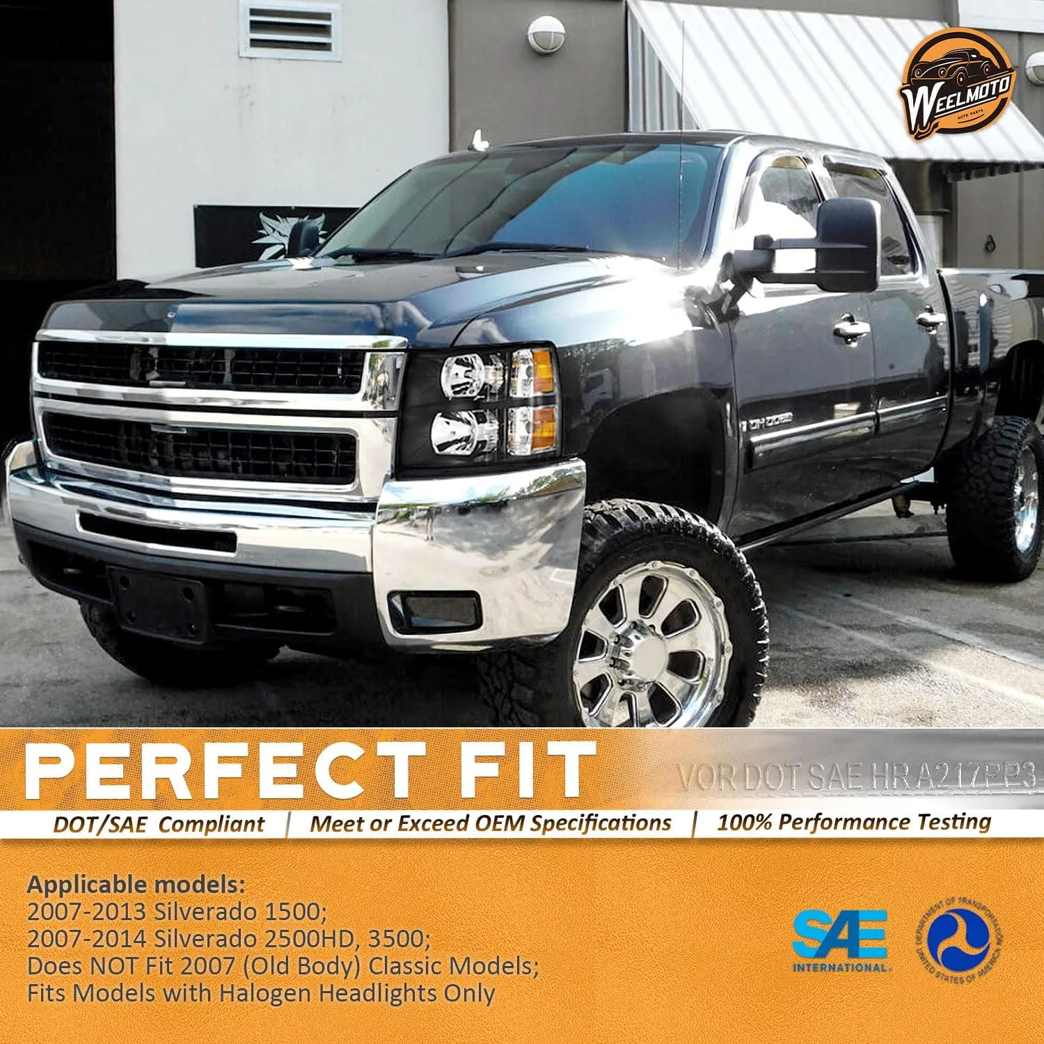 Headlights Pair Assembly for 2007 2008 2009 2010 2011 2012 2013 Chevy Silverado 1500,Compatible with 07-14 Chevrolet Silverado 2500HD 3500 Headlamp Replacement Black Housing Amber Reflector