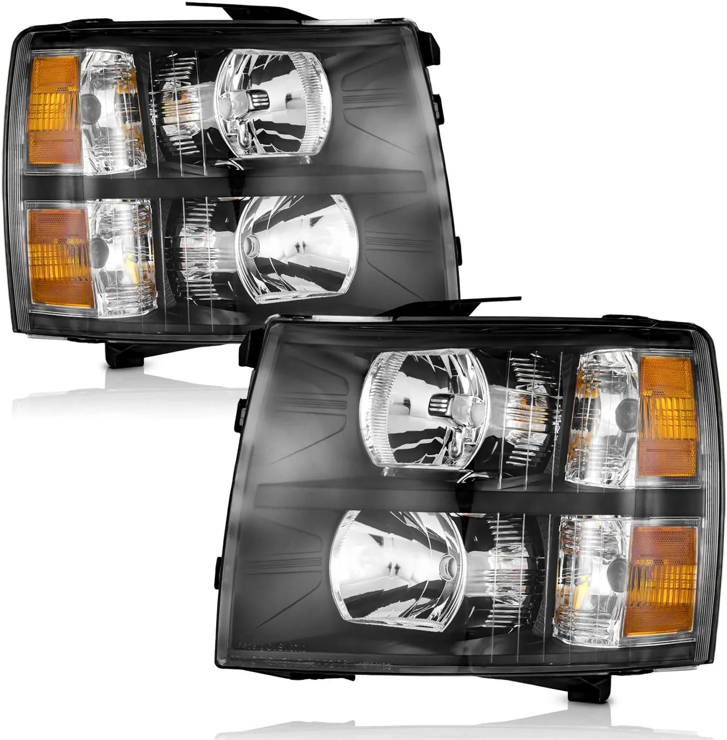 Headlights Pair Assembly for 2007 2008 2009 2010 2011 2012 2013 Chevy Silverado 1500,Compatible with 07-14 Chevrolet Silverado 2500HD 3500 Headlamp Replacement Black Housing Amber Reflector