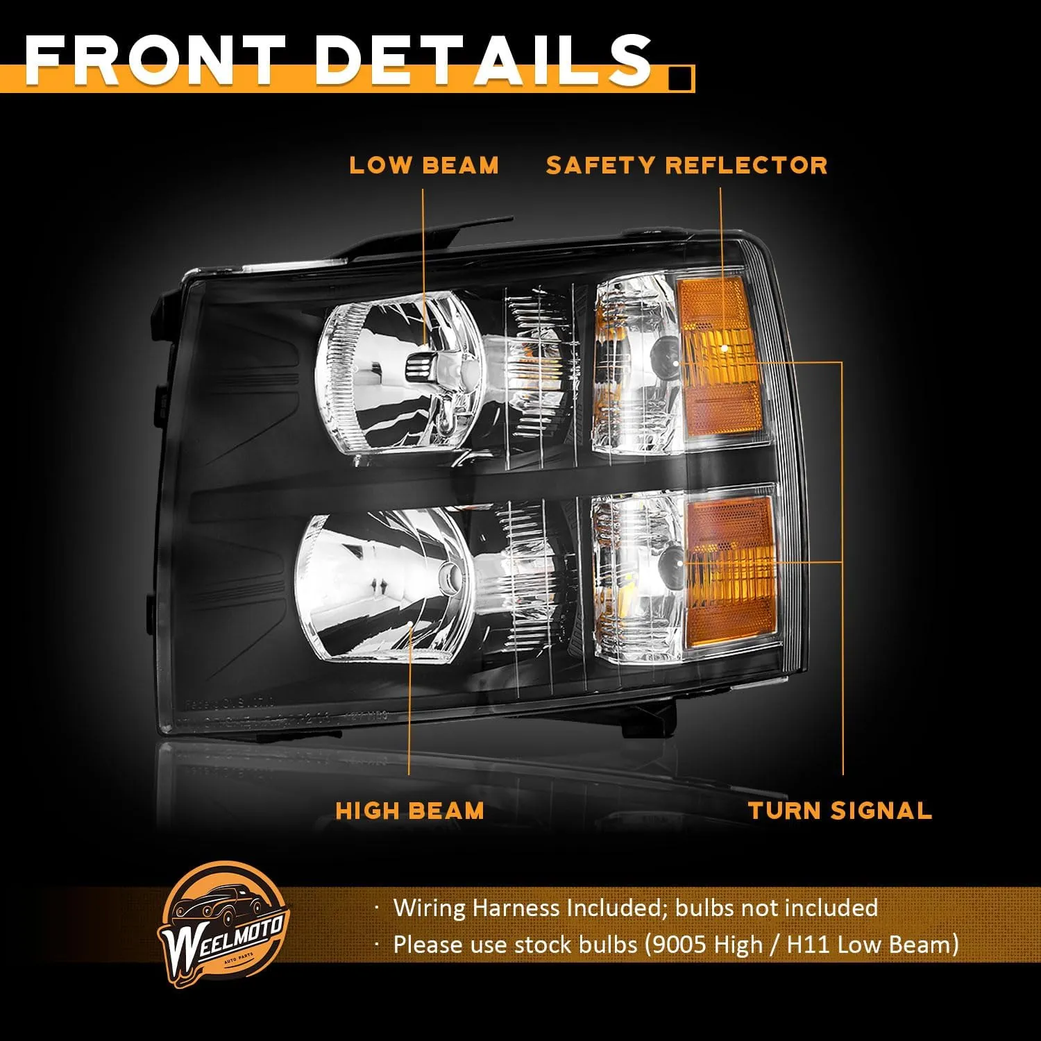 Headlights Pair Assembly for 2007 2008 2009 2010 2011 2012 2013 Chevy Silverado 1500,Compatible with 07-14 Chevrolet Silverado 2500HD 3500 Headlamp Replacement Black Housing Amber Reflector