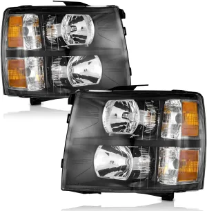 Headlights Pair Assembly for 2007 2008 2009 2010 2011 2012 2013 Chevy Silverado 1500,Compatible with 07-14 Chevrolet Silverado 2500HD 3500 Headlamp Replacement Black Housing Amber Reflector