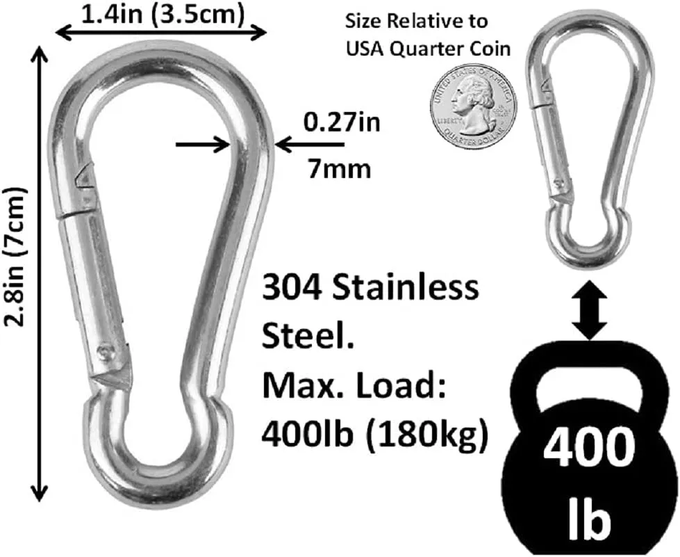 Heavy Duty Bushcraft Stainless Steel Carabiner Spring Snap Clip Link Hooks. 200-500lb Load. 2, 6 & 12 Packs