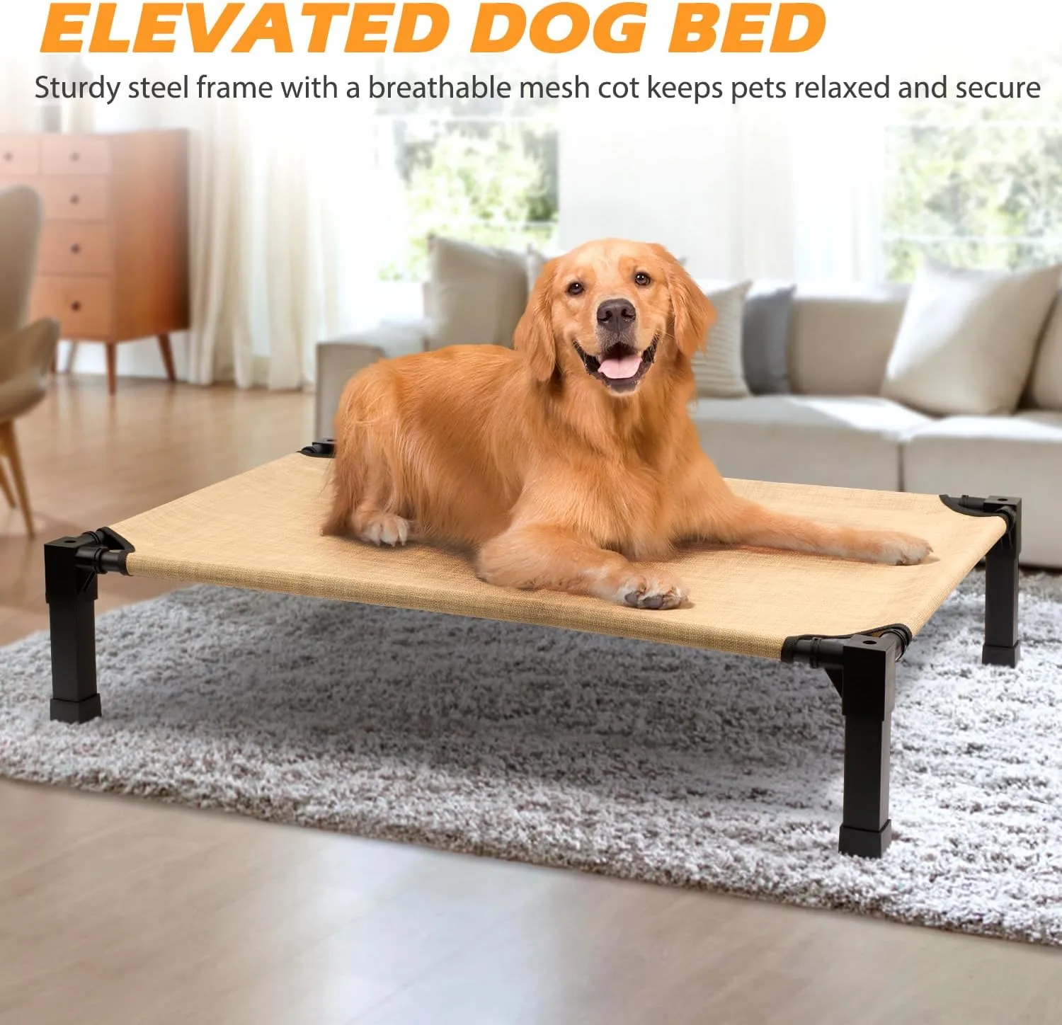 Heeyoo Cooling Elevated Dog Bed, Raised Dog Bed with Washable Breathable Mesh and Metal Frame, Portable Dog Cot Bed with No-Slip Feet for Outdoor and Indoor Use, Beige Coffee