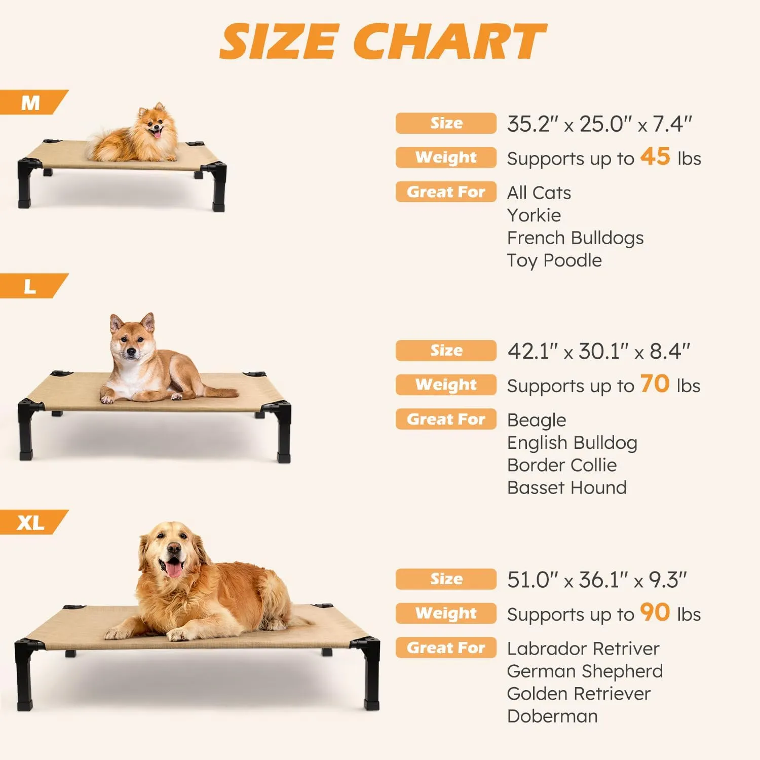 Heeyoo Cooling Elevated Dog Bed, Raised Dog Bed with Washable Breathable Mesh and Metal Frame, Portable Dog Cot Bed with No-Slip Feet for Outdoor and Indoor Use, Beige Coffee