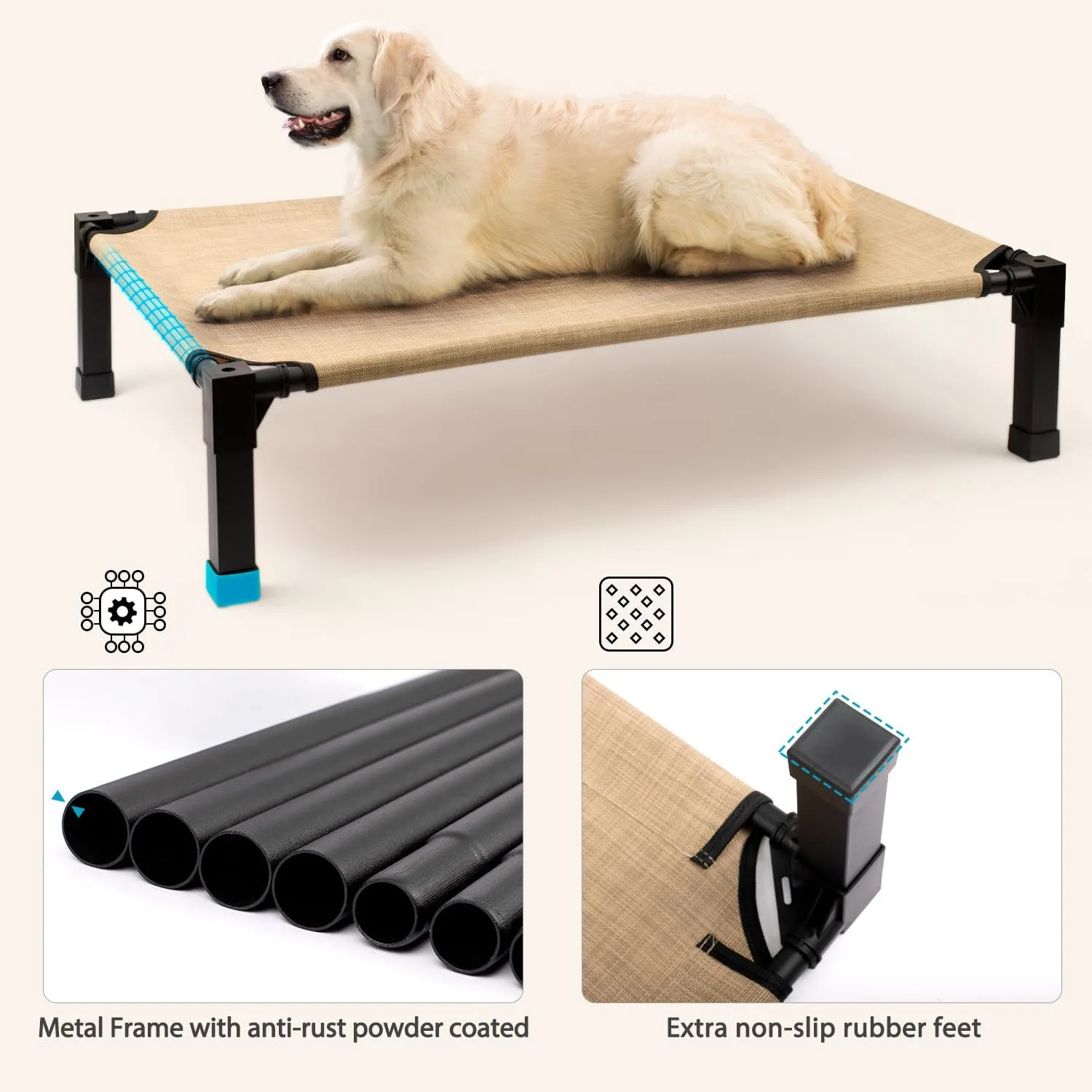 Heeyoo Cooling Elevated Dog Bed, Raised Dog Bed with Washable Breathable Mesh and Metal Frame, Portable Dog Cot Bed with No-Slip Feet for Outdoor and Indoor Use, Beige Coffee