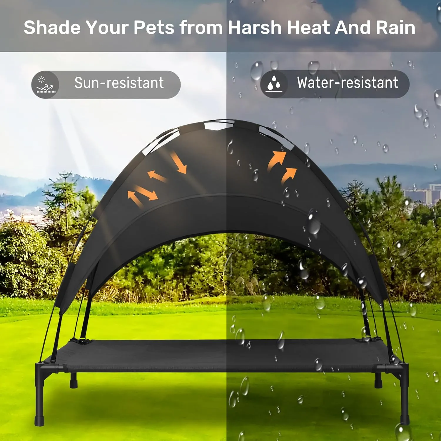 Heeyoo Elevated Dog Bed with Canopy, Portable Dog Cot with Removable Shade Tent, Outdoor Raised Pet Cot Cooling Bed for Dogs