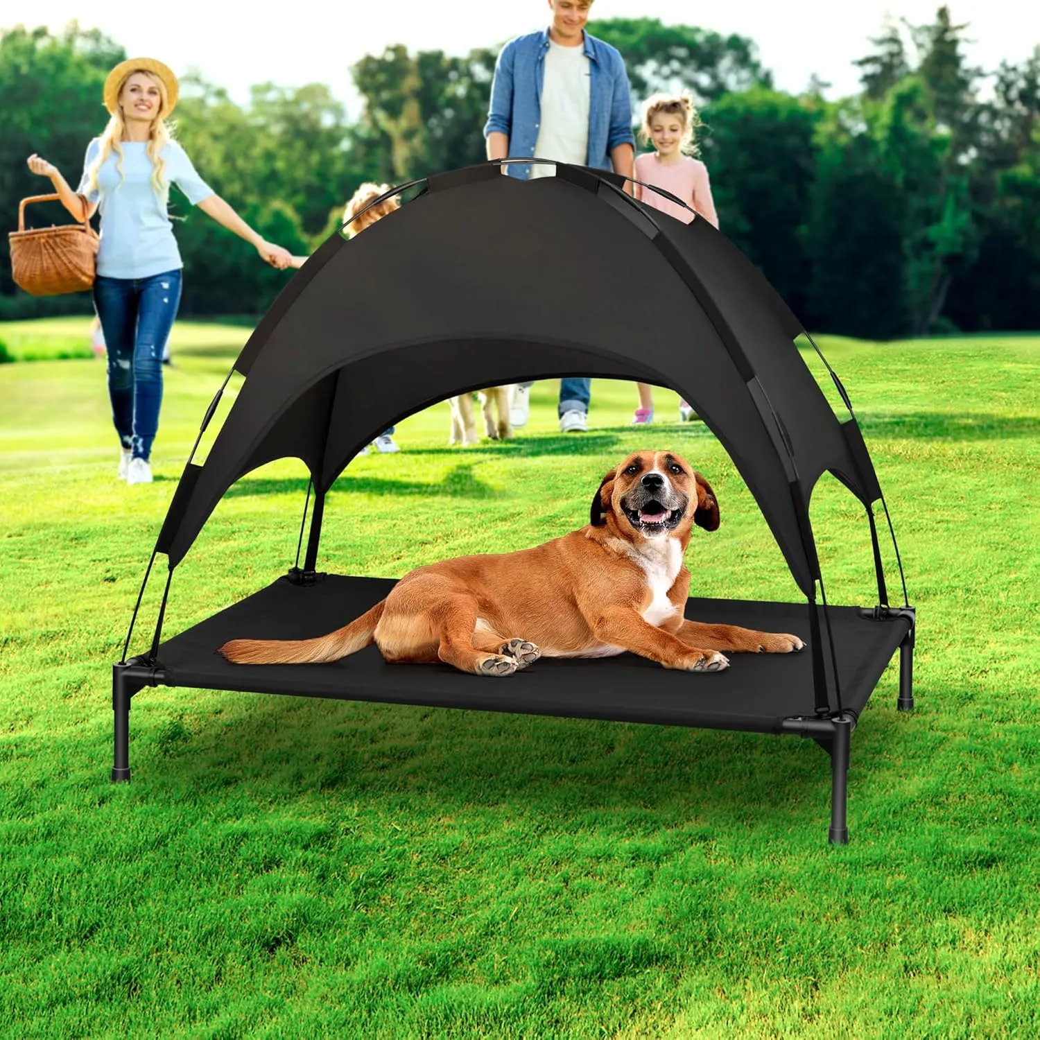 Heeyoo Elevated Dog Bed with Canopy, Portable Dog Cot with Removable Shade Tent, Outdoor Raised Pet Cot Cooling Bed for Dogs