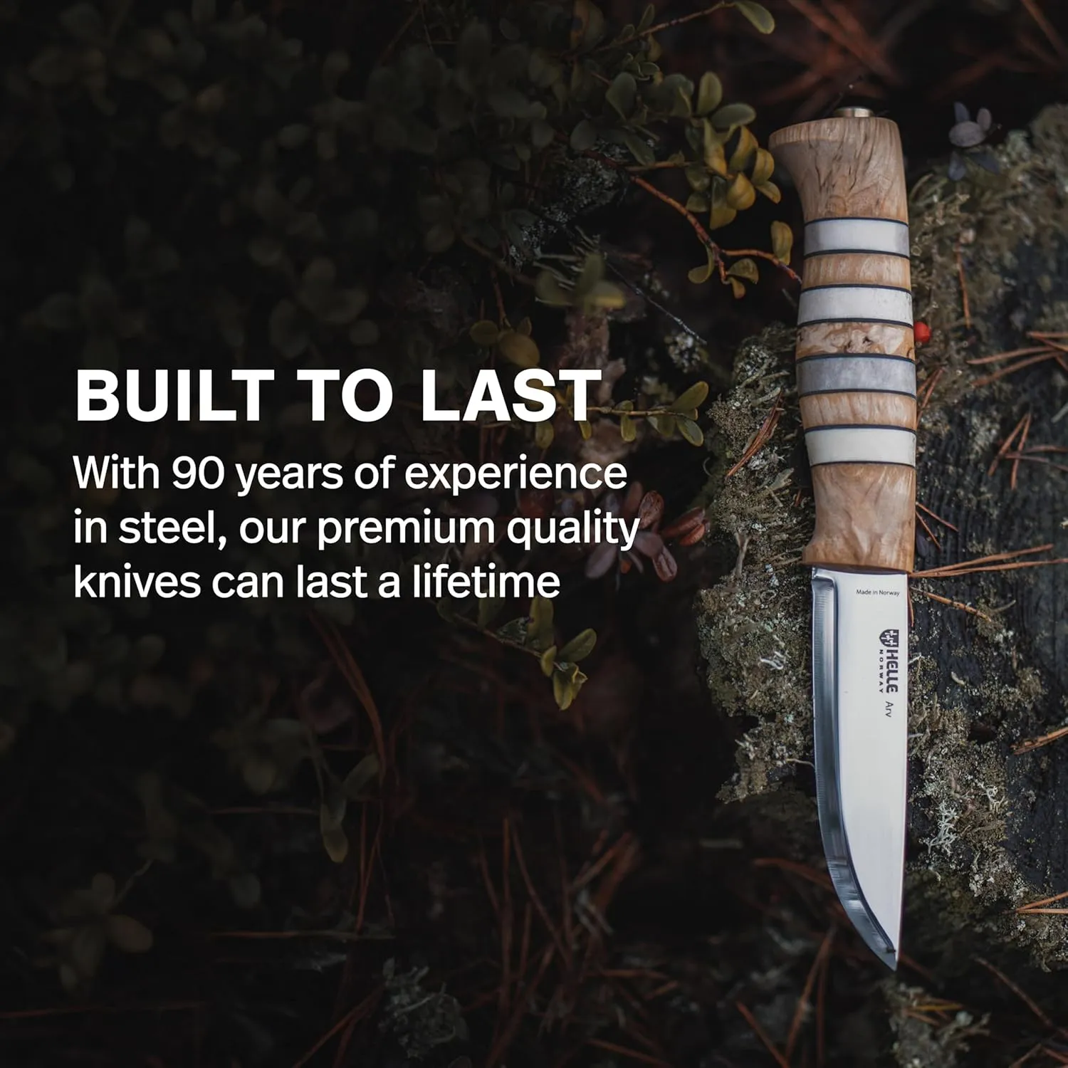 HELLE Knives - Arv - Outdoor Adventure Knife with Sheath, Stainless Steel Fixed Blade Hunting Knife, Curly Birch Handle, Made in Norway