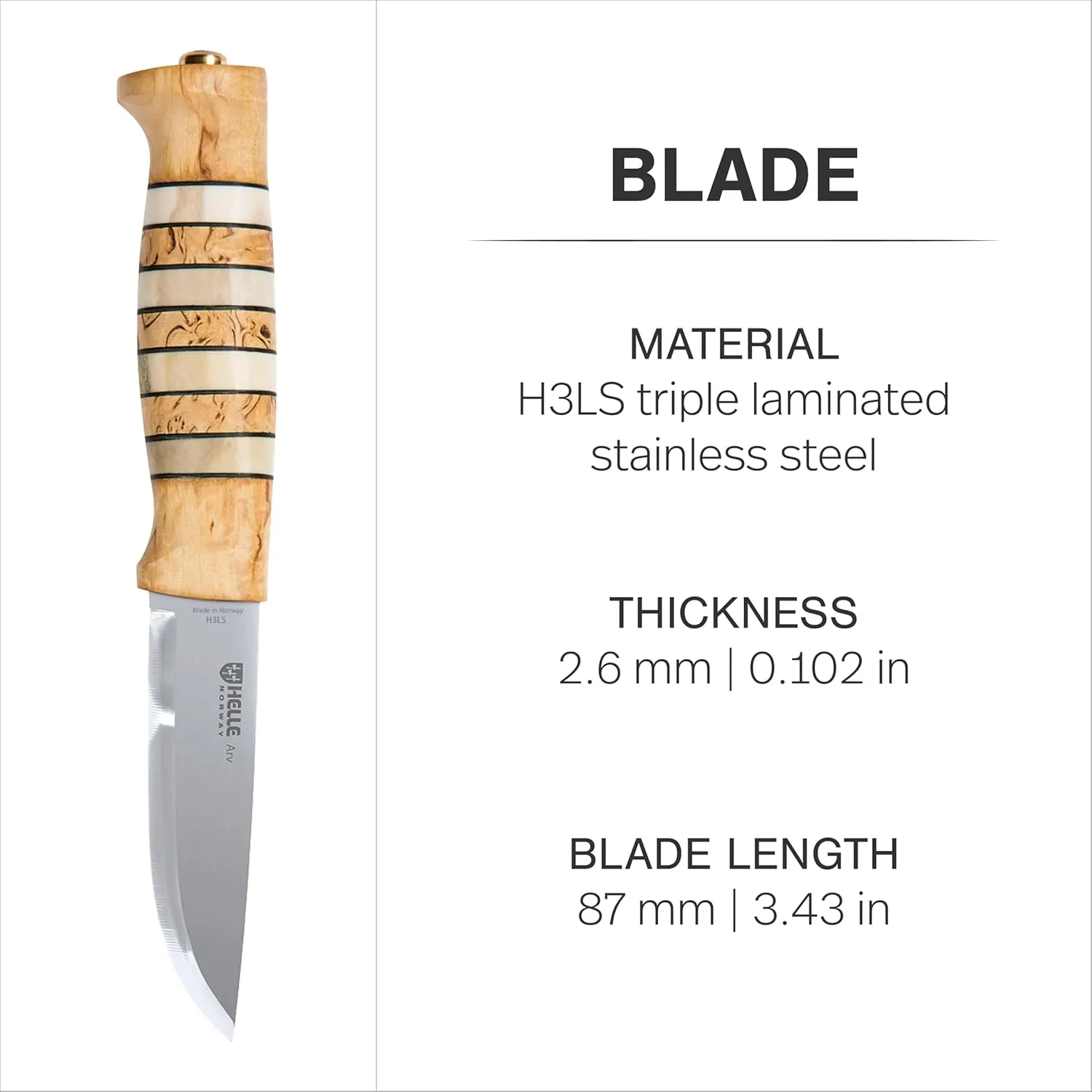 HELLE Knives - Arv - Outdoor Adventure Knife with Sheath, Stainless Steel Fixed Blade Hunting Knife, Curly Birch Handle, Made in Norway