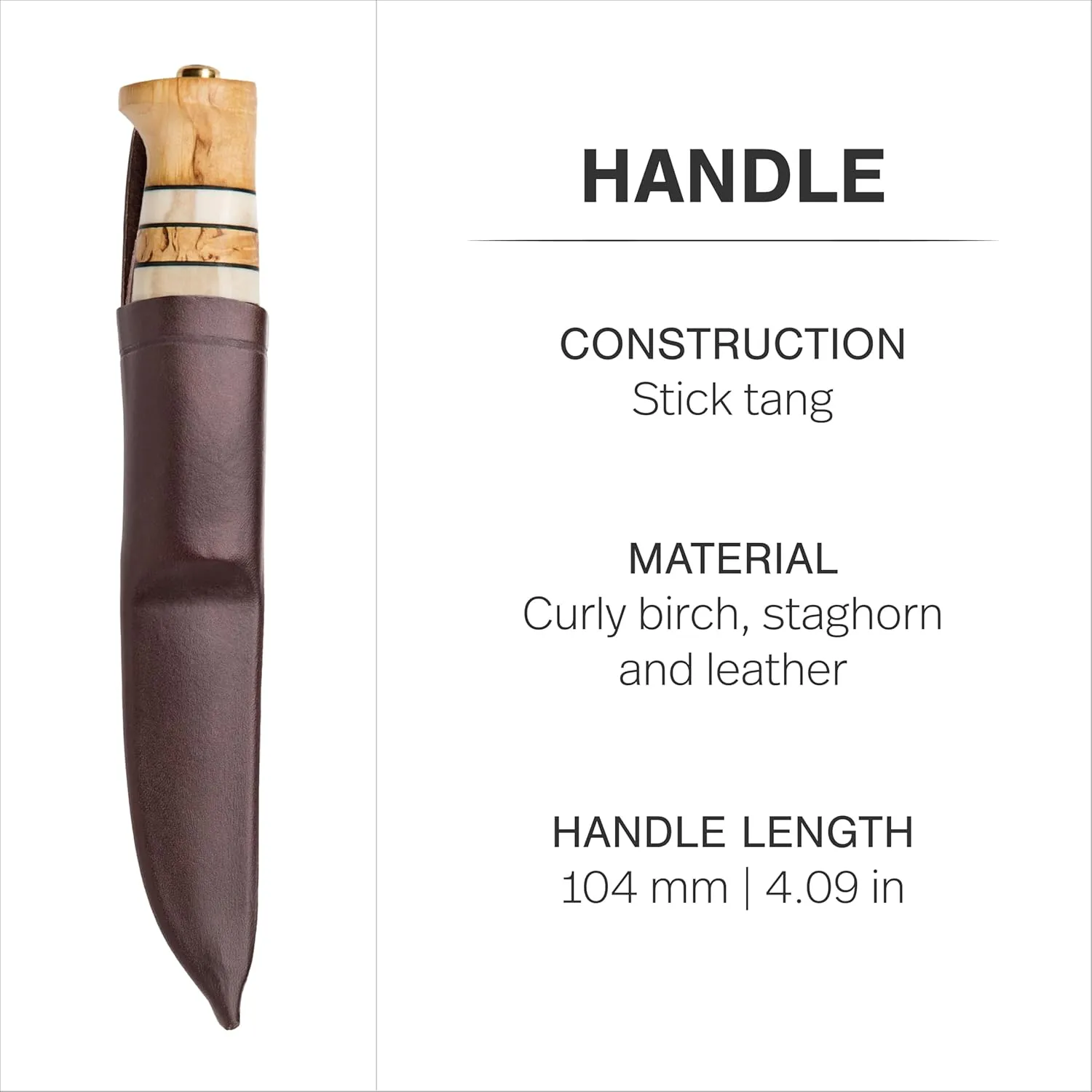 HELLE Knives - Arv - Outdoor Adventure Knife with Sheath, Stainless Steel Fixed Blade Hunting Knife, Curly Birch Handle, Made in Norway