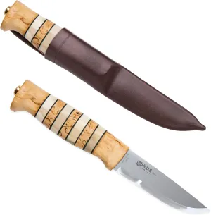 HELLE Knives - Arv - Outdoor Adventure Knife with Sheath, Stainless Steel Fixed Blade Hunting Knife, Curly Birch Handle, Made in Norway