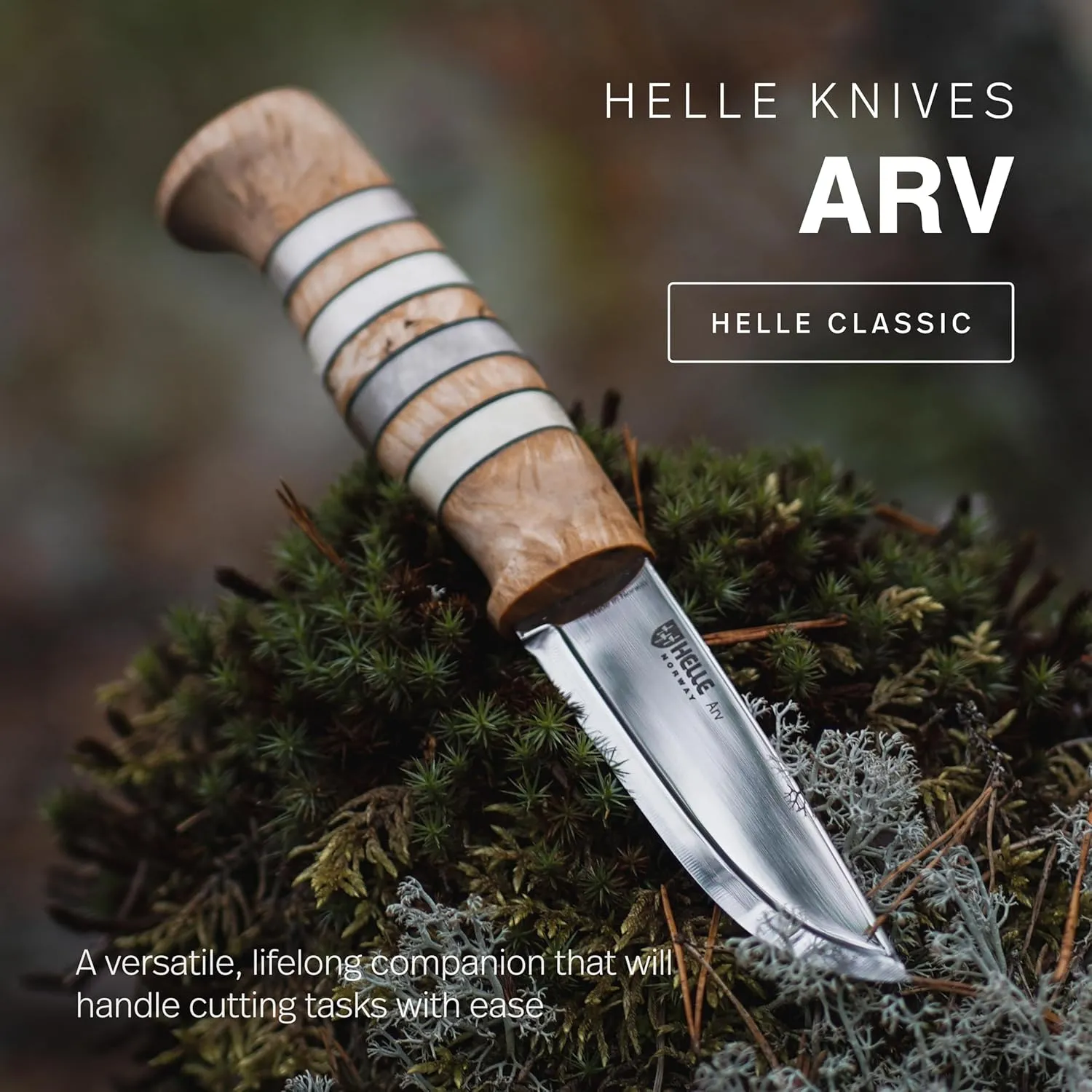 HELLE Knives - Arv - Outdoor Adventure Knife with Sheath, Stainless Steel Fixed Blade Hunting Knife, Curly Birch Handle, Made in Norway