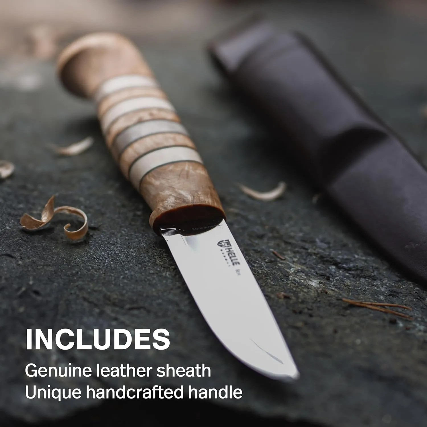 HELLE Knives - Arv - Outdoor Adventure Knife with Sheath, Stainless Steel Fixed Blade Hunting Knife, Curly Birch Handle, Made in Norway