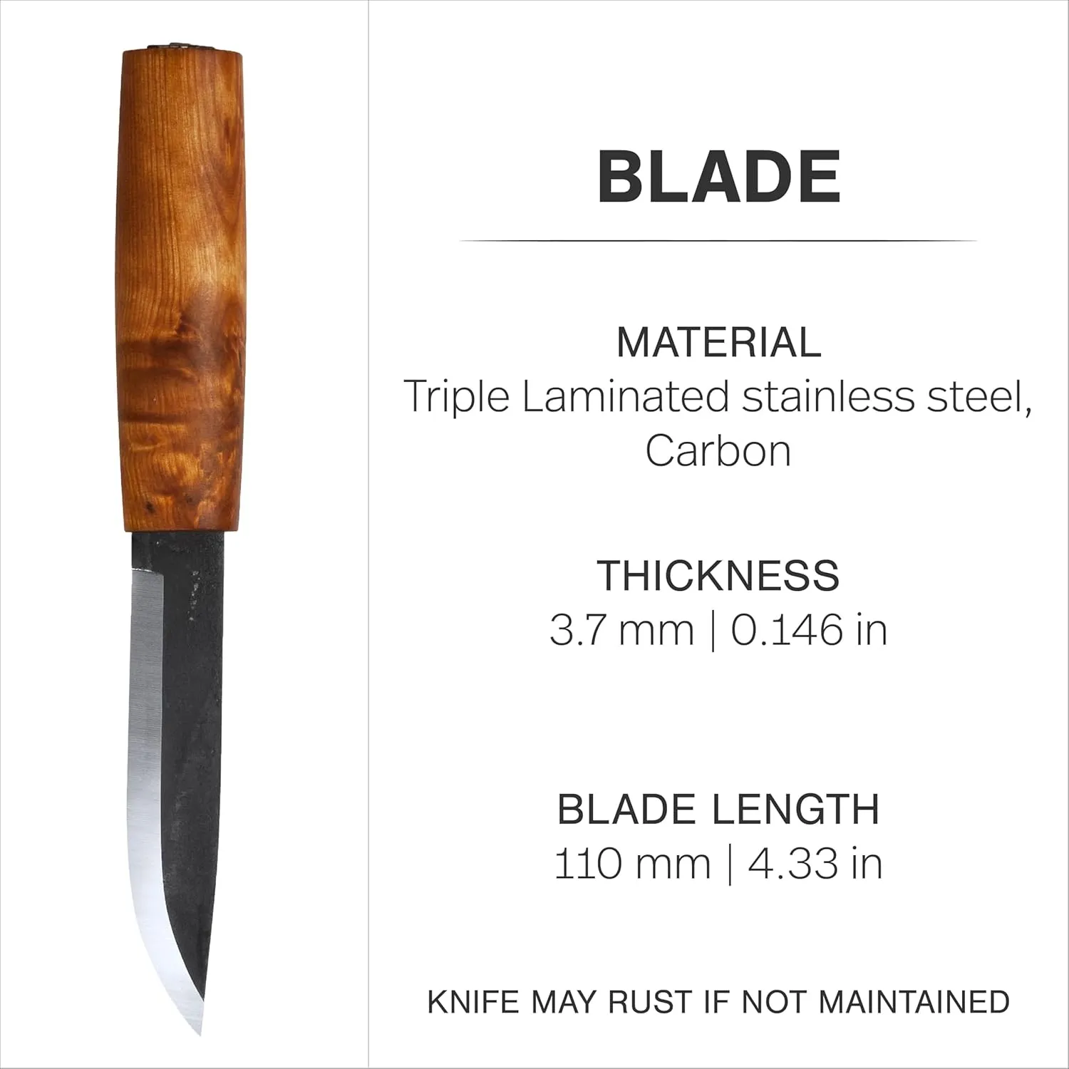 HELLE Knives - Viking - Traditional Fixed Blade Knife - 4.33" Triple Laminated Carbon Steel Blade with Curly Birch Handle and Leather Sheath - Made in Norway