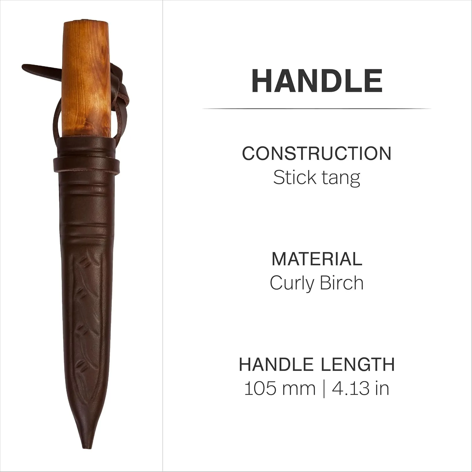 HELLE Knives - Viking - Traditional Fixed Blade Knife - 4.33" Triple Laminated Carbon Steel Blade with Curly Birch Handle and Leather Sheath - Made in Norway