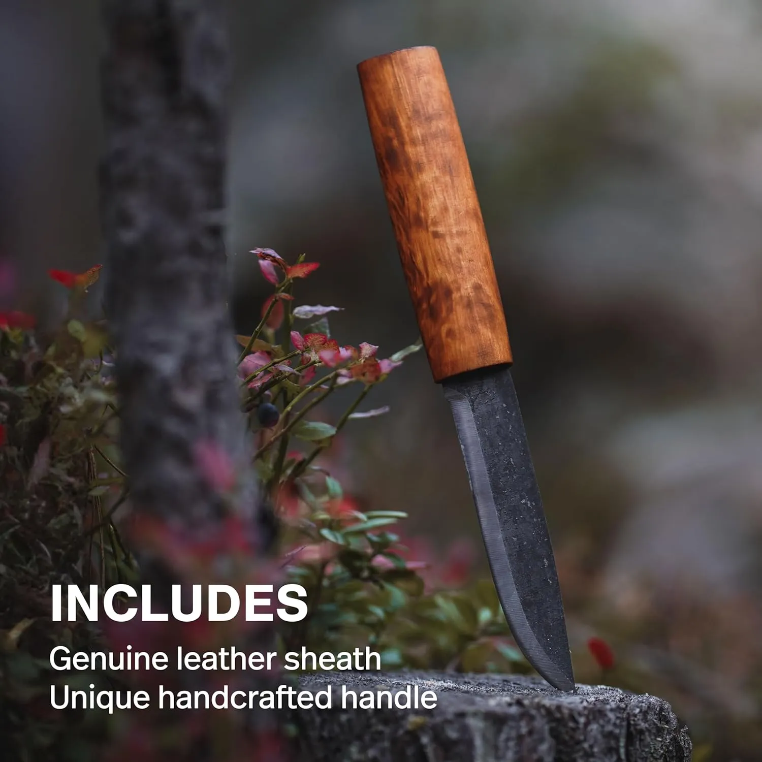 HELLE Knives - Viking - Traditional Fixed Blade Knife - 4.33" Triple Laminated Carbon Steel Blade with Curly Birch Handle and Leather Sheath - Made in Norway