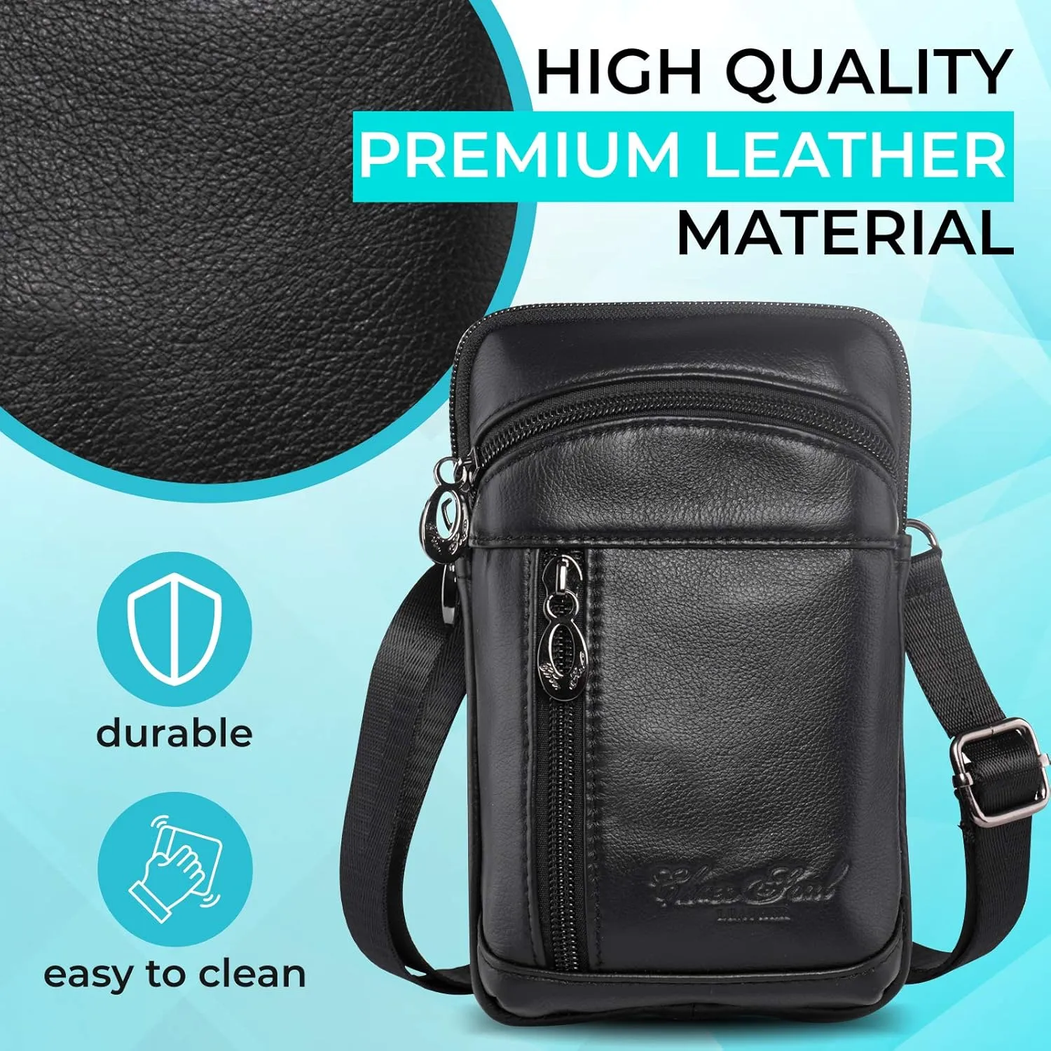 Hengwin Small Leather Crossbody Shoulder Bag Men Belt Clip Phone Holster Case Belt Loop Pouch Waist Bag Pack Fit for iPhone 16 15 14 13 Pro Max 8 Plus Galaxy Note 9 8 S24/S23 Ultra S9/S8 Plus (Black)