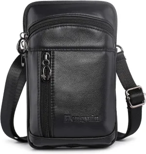 Hengwin Small Leather Crossbody Shoulder Bag Men Belt Clip Phone Holster Case Belt Loop Pouch Waist Bag Pack Fit for iPhone 16 15 14 13 Pro Max 8 Plus Galaxy Note 9 8 S24/S23 Ultra S9/S8 Plus (Black)