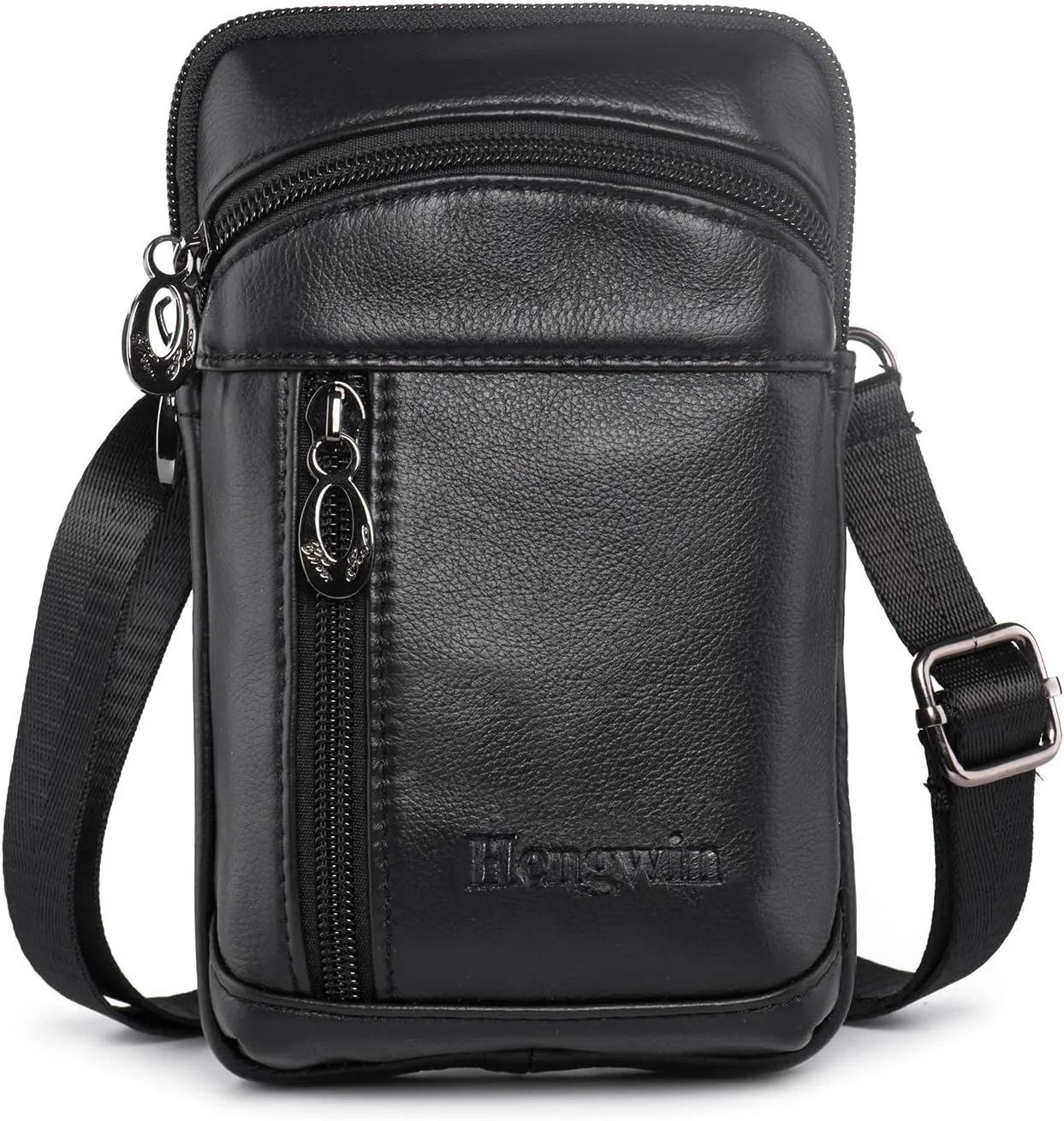 Hengwin Small Leather Crossbody Shoulder Bag Men Belt Clip Phone Holster Case Belt Loop Pouch Waist Bag Pack Fit for iPhone 16 15 14 13 Pro Max 8 Plus Galaxy Note 9 8 S24/S23 Ultra S9/S8 Plus (Black)